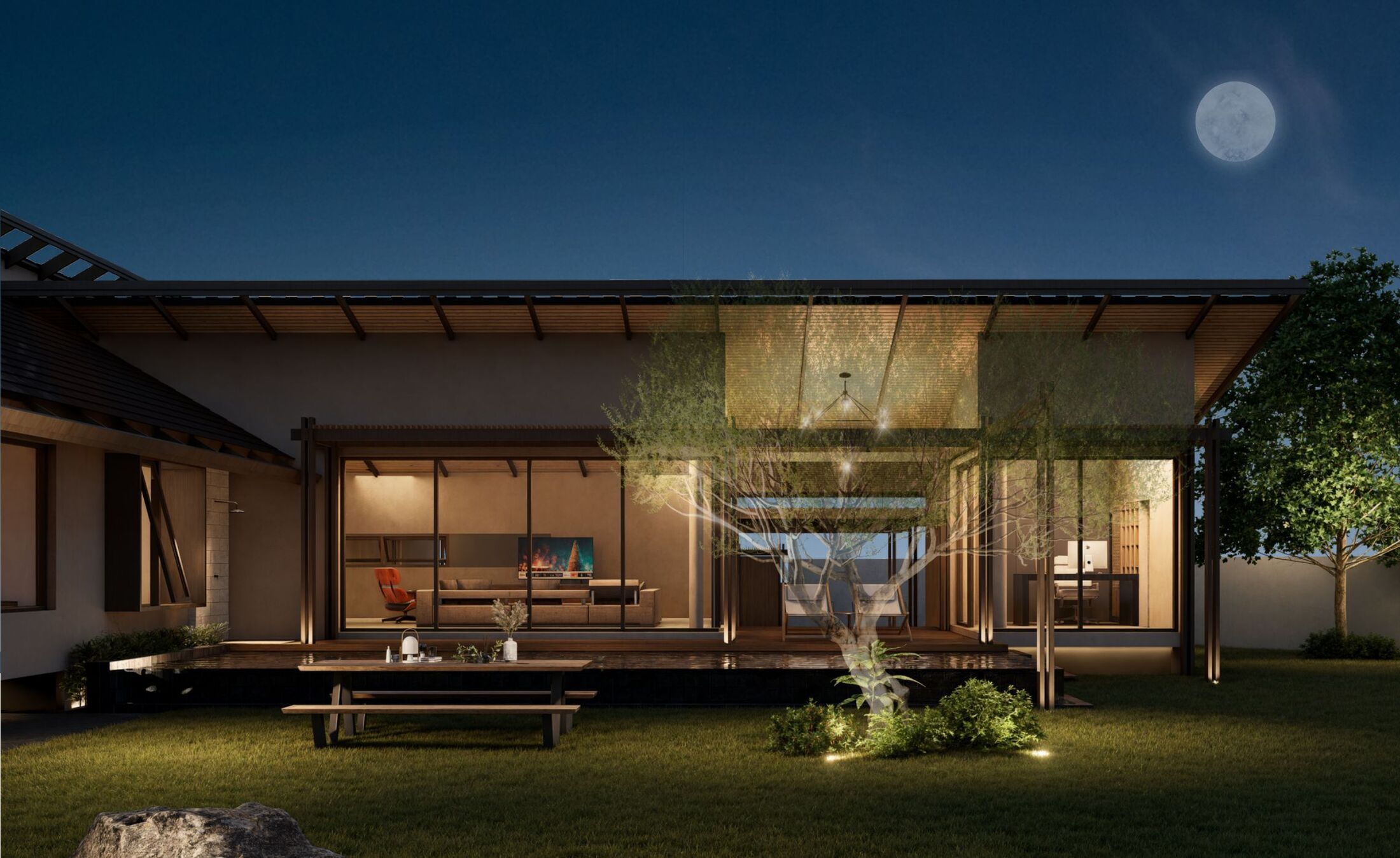 A single-storey pool villa at dusk with an open living pavilion and garden